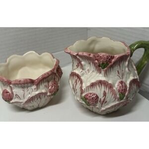 Vintage Neuwirth Portugal Pink Cabbage Strawberry Ceramic Sugar Creamer PO37